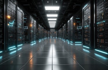Fototapeta premium Server room, futuristic tech, glowing lights