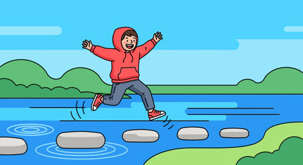 Happy Young Boy Leaping Over Stepping Stones On A Sunny Day Cartoon Art
