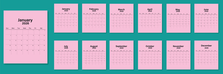 2026 Monthly calendar 12 months template on pink background. Minimalist design layout calendar week starts on sunday. Use for New year, business, print.