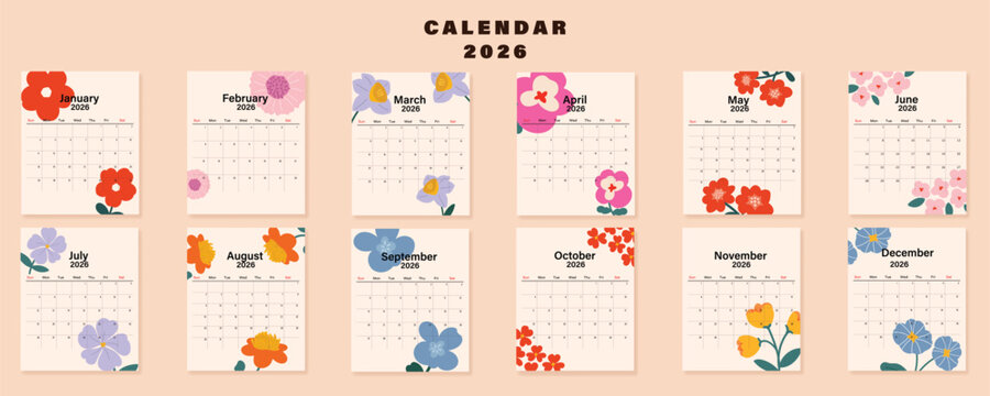 2026 Monthly calendar 12 months template with cute colorful flower on beige background. Minimalist design layout calendar week starts on sunday. Use for New year, business, print.