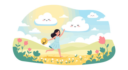 Happy Young Woman Runs Through Meadow Welcoming Smiling Clouds Above Scene