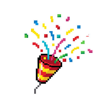 A vibrant pixel art party popper with red and yellow stripes exploding with colorful confetti and streamers in a retro 8-bit style.