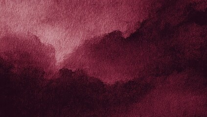 Deep crimson watercolor washes create a hazy, mountainous landscape