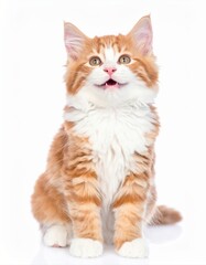 Happy orange kitten with open mouth on white