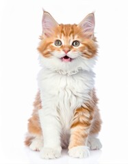 Obraz premium Smiling orange kitten sitting on white background