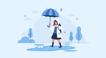 Obraz premium Girl In Uniform Enjoying A Rainy Day With Umbrella And Raincoat