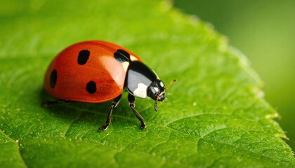 Fototapeta premium Ladybug crawling on green leaf closeup