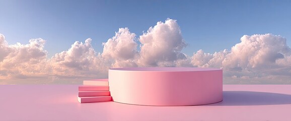 Pink circular podium with steps against a sky filled with soft clouds
