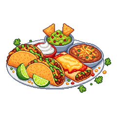 Vibrant pixel art platter of Mexican food with tacos an enchilada and side dishes.