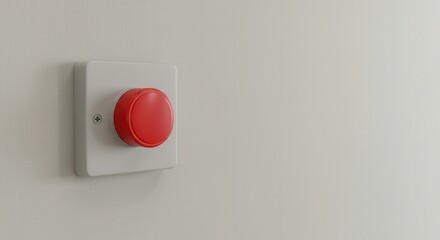 Large red emergency stop button on white wall panel, minimalistic safety control, industrial hardware, alert indicator, signaling device, emergency alert system