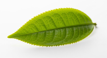 Minimalist macro close-up of green tea leaf on white background