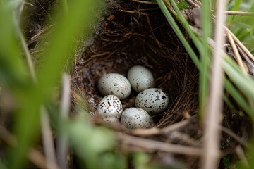 Obraz premium Nest full of speckled eggs nestled in a bed of grass