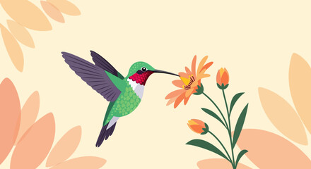 Obraz premium Hummingbird Drinking Nectar From A Vibrant Orange Flower in a Nature Backdrop