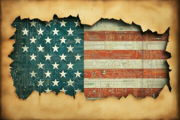 An artistic representation of the American flag, blending traditional design with circuit board patterns, symbolizing technology and patriotism.