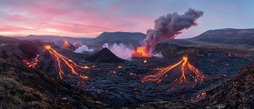 Time lapse of an active volcano spewing ash lava and smoke into the sky with the ground below shaking as new landforms are created