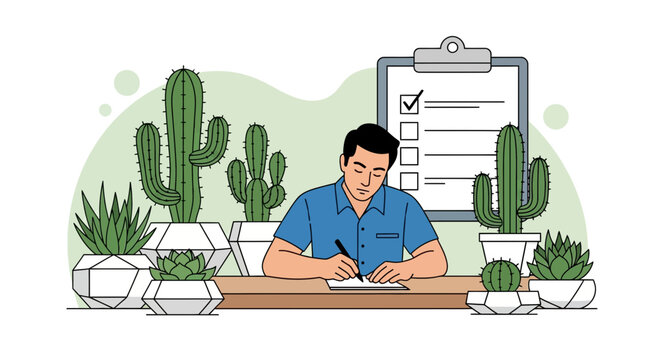 Illustration of a man writing surrounded by cacti, indoor plants and a checklist completed on top, in the background