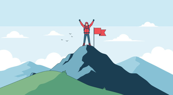 Illustration of a mountain climber standing triumphantly on the summit with flag
