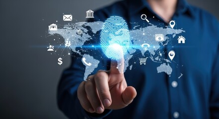 Digital Identity Verification: Man Touching Holographic Fingerprint on World Map Interface for Global Security