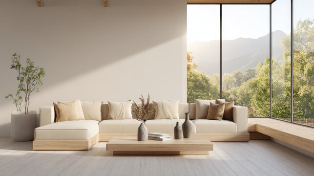 Minimalist Living Room Interior with Panoramic Mountain View and Natural Light, Featuring Neutral Tones and Clean Lines
