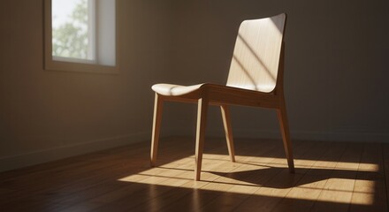 Minimalist wooden chair illuminated by sunlight casting shadows on hardwood floor, serene interior scene, warm natural light, contemporary design, cozy ambiance