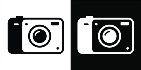 Digital camera icon in a flat design style, presented in black and white variations.
