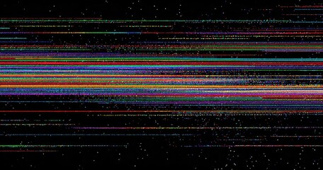 Abstract digital glitch art. Horizontal lines of vibrant color and pixelated noise on a dark background