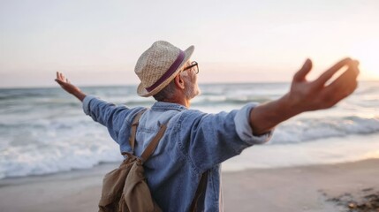 Solo traveler with arms outstretched, embracing freedom and adventure on a serene beach at sunset, symbolizing self-discovery and inspiration