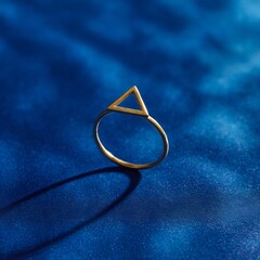 A golden ring with a triangular detail rests on a textured navy backdrop in a studio setting.