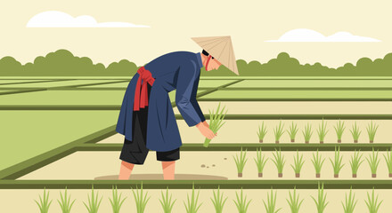 Illustration of a Southeast Asian Farmer Planting Rice Seedlings in a Paddy Field
