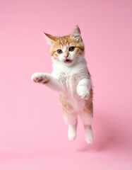 Adorable Kitten Jumping Against Pink Background