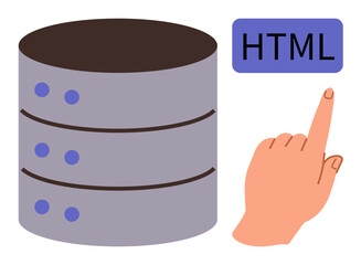 Layered database server beside an HTML button pressed by a finger. Ideal for web development, coding, data management, server interaction, programming, UIUX topics, simple flat metaphor