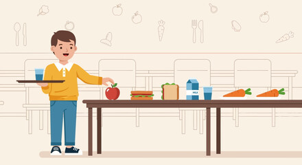 Illustration of a student serving a balanced school lunch in the cafeteria featuring healthy food choices
