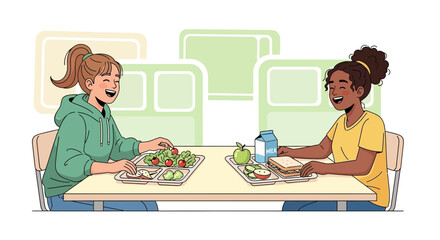 Illustration depicting two young women enjoying school lunch together, showcasing friendship and healthy eating habits in a vibrant and positive way