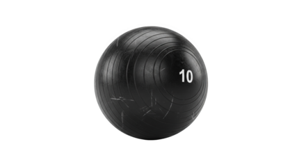 A textured medicine ball with the number ten sits against a plain backdrop.