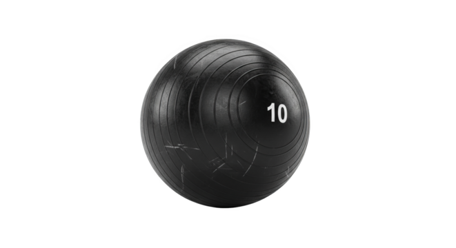 A textured medicine ball with the number ten sits against a plain backdrop.