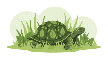 Green Turtle Illustration Amidst Lush Foliage In Naturalistic Minimalist Style