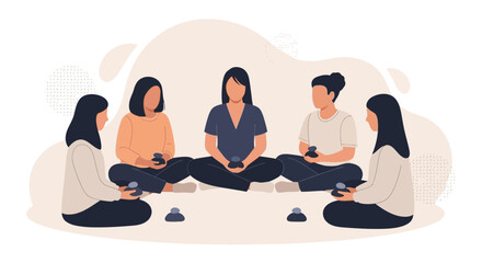 Group meditation session: five women sitting cross-legged in circle focusing minds