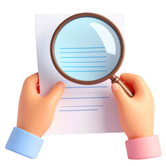 Hands holding document magnifying glass inspection analysis review audit and research concept cartoon style isolated on transparency background