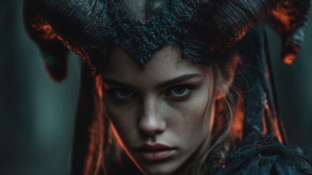 Fantasy character portrait featuring a dark figure with horns in a mystical forest setting during twilight - Powered by Adobe