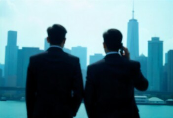 Obraz premium Generative AI: Two Business Professionals Admire the City Skyline, Contemplating Future Plans and