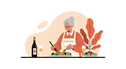 Illustration of a charming senior woman preparing a delicious salad with wine nearby enjoying a culinary pastime