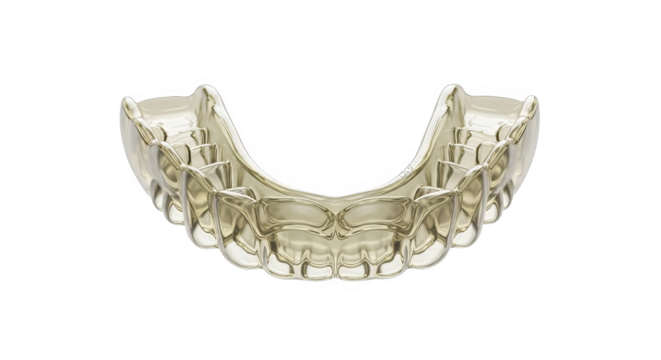 A clear aligner sits against a black background. The aligner is molded plastic.