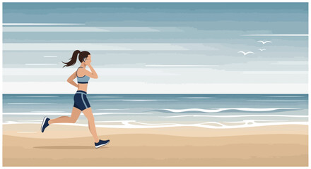 Illustration of a woman running on a beach with a calm ocean view and birds flying in the sky showing an active lifestyle