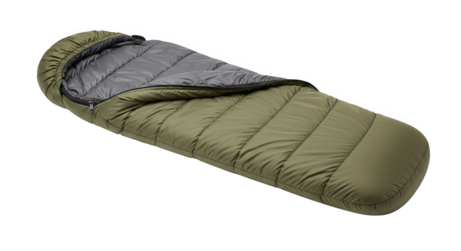 Olive drab sleeping bag is unrolled showing grey lining, ready for camping.