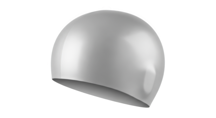 A sleek, silver swim cap floats suspended against a dark background element.