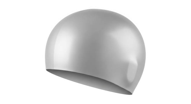 A sleek, silver swim cap floats suspended against a dark background element.