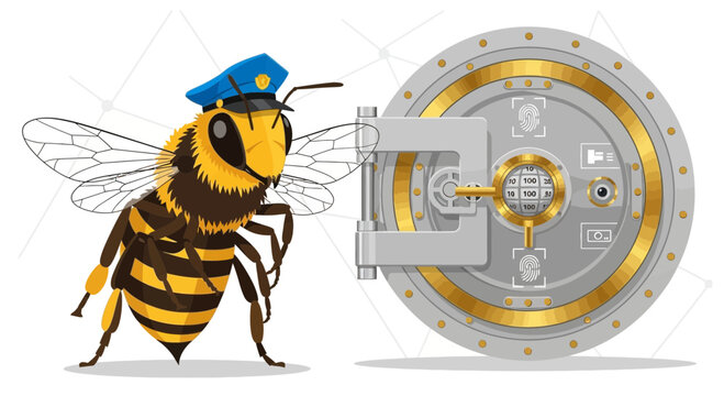 Guard bee securing a high tech vault with fingerprint and iris scan protection for secure honey deposits