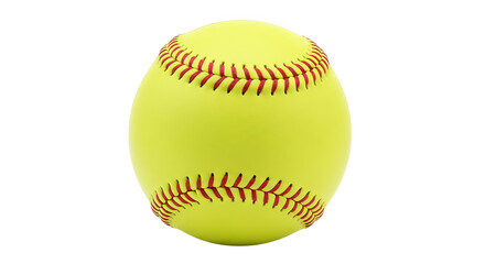 Close up of a yellow softball shows red stitching, displaying sports gear.