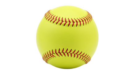 Close up of a yellow softball shows red stitching, displaying sports gear.