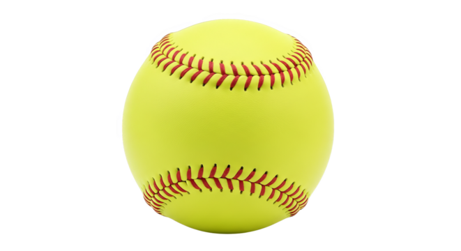 Close up of a yellow softball shows red stitching, displaying sports gear.
